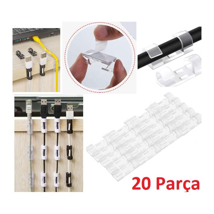 20'li Yapışkanlı Kablo Sabitleyici Şeffaf Klips