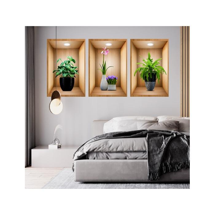 3D Çiçek Vazo Duvar Sticker 3 lü Set Kahverengi Fon