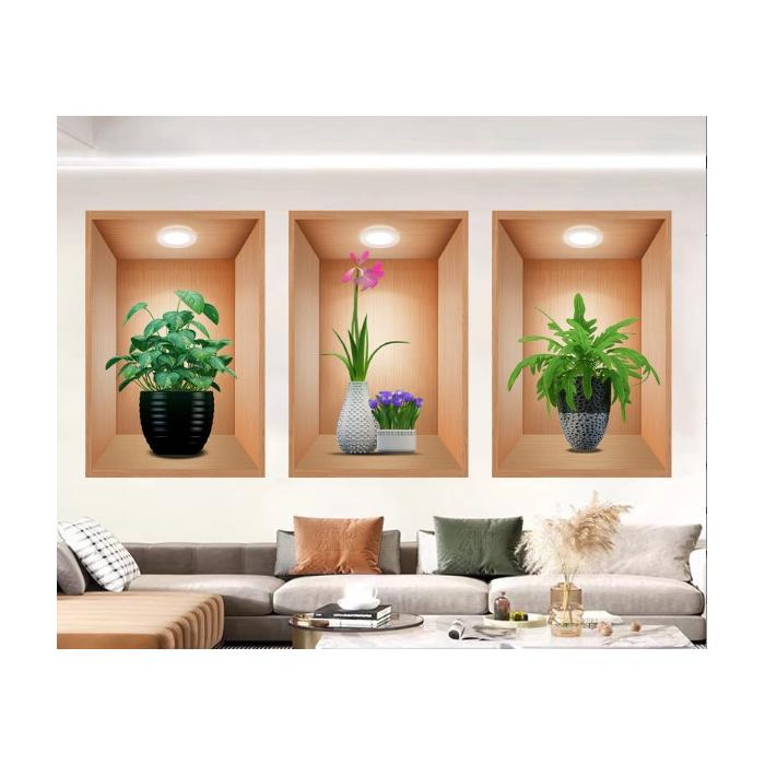 3D Çiçek Vazo Duvar Sticker 3 lü Set Kahverengi Fon