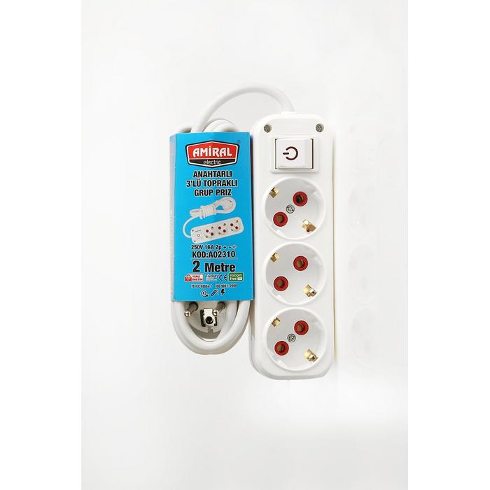 Amiral 3' lü Topraklı Anahtarlı 2 Metre Kablolu Grup Priz