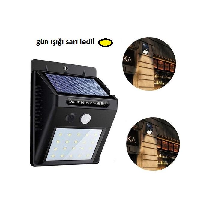Gün Işığı Sarı Ledli Hareket Sensörlü Güneş Enerjili Led Aydınlatma Dış Mekan Bahçe 20 Led Li