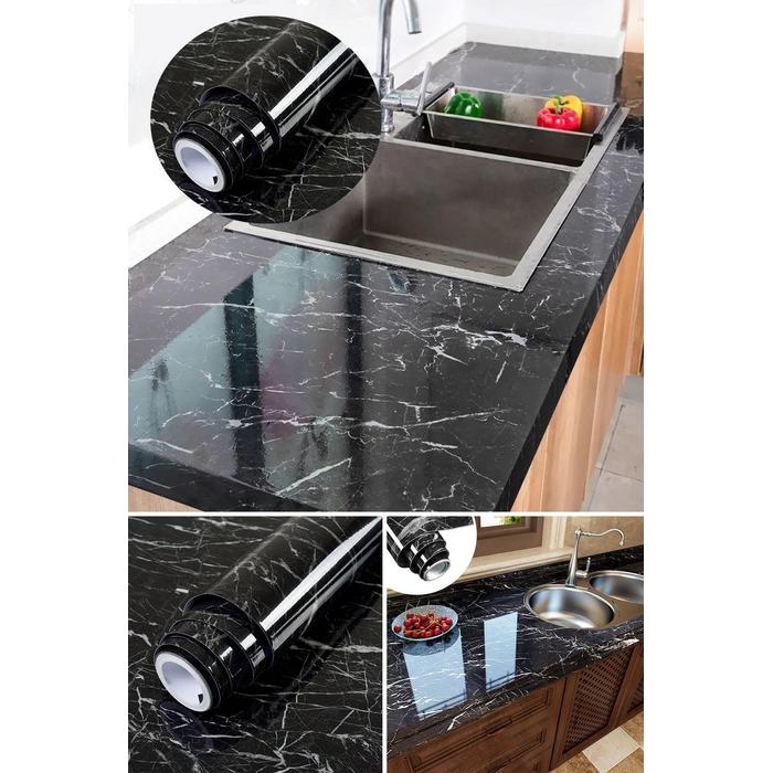 Siyah Yapışkanlı Kaplama Kağıdı Mermer Desenli 1 Metre