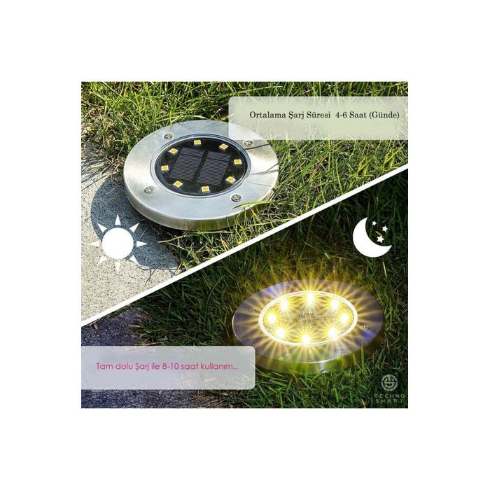 Solar Güneş Enerjili 8 Ledli Kazıklı Çim Zemin Bahçe Aydınlatma 3 W Gün Işığı Sarı Led ( 4 Lü Set )