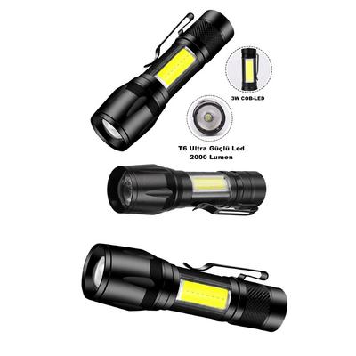 Ultra Çift Yönlü Güçlü Pilli Led El Feneri 2000 Lümen + 6w Cob Led Su Geçirmez Zoomlu 3 Modlu