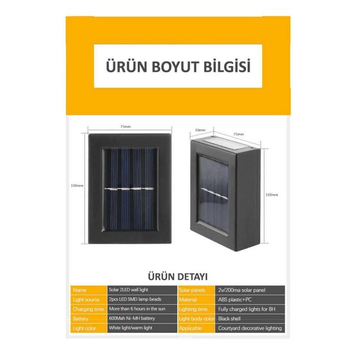 Yeni Model Solar Çift Taraflı Duvar Lambası Güneş Enerjili Aydınlatma Dekorasyon Aplik Işık (2 Adet)
